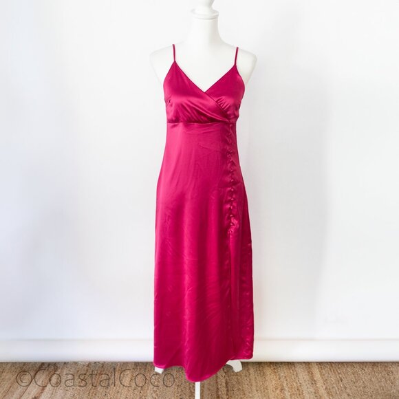 En Crème Satin Slip Midi Dress Pink M Cocktail Slip Spaghetti Silky Y2K Formal - Picture 1 of 9